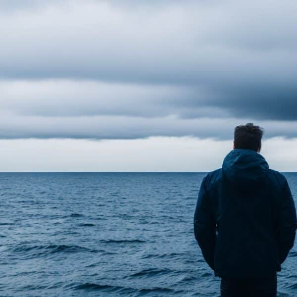 A photograph of a person looking at sea.